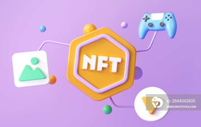 NFT non-fungible token with Types of NFT data of digital files, 3d nft icon symbol. 3d render illust