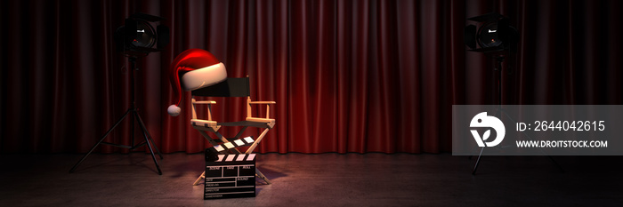 Video, movie, cinema, Christmas concept. Directors chair and movie clapper. 3d rendering