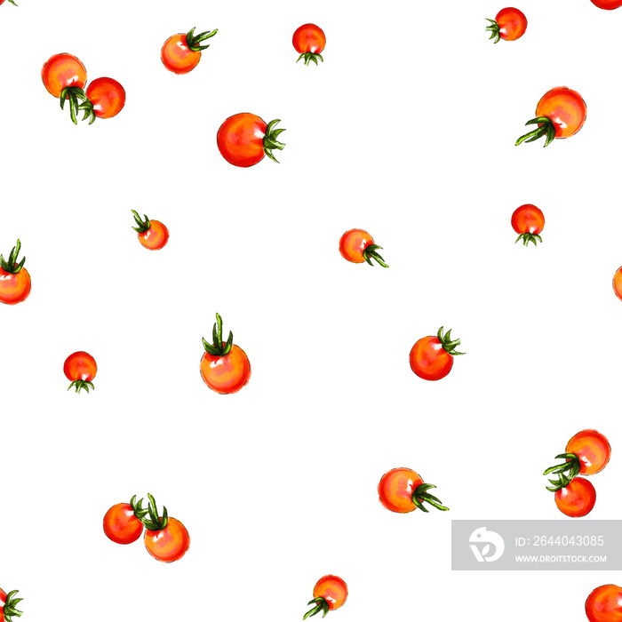 Cherry tomatoes illustration. Watercolor seamless pattern of vegetables, raw red  cherry tomato. Han