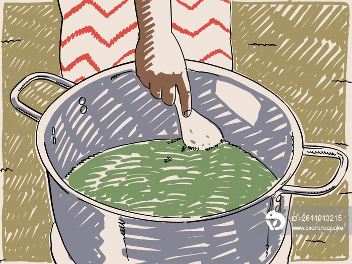 An Illustration of hands cooking vegetables in a big pot