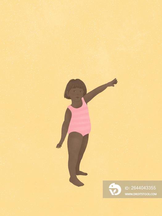 dark skinned little girl wearing swimsuit island life