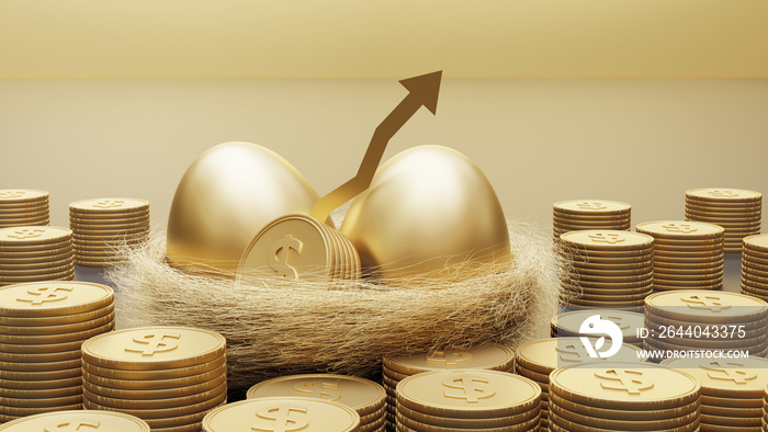 Financial, Gold stock market, and money investment concept. Golden egg and gold coins and Golden arr