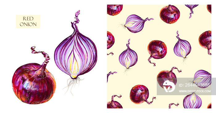 Watercolor red onions. Seamless pattern of vegetables, raw onion in cut. Hand-drawn healthy food.