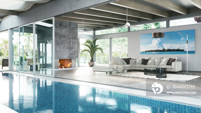 Dining and living room of luxury summer beach house with swimming pool. 3d illustration