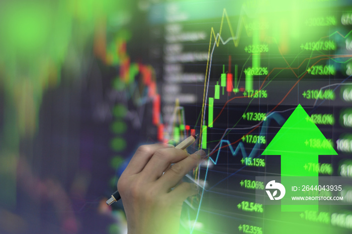绿色股市图表，带指标投资交易证券交易所交易市场监控