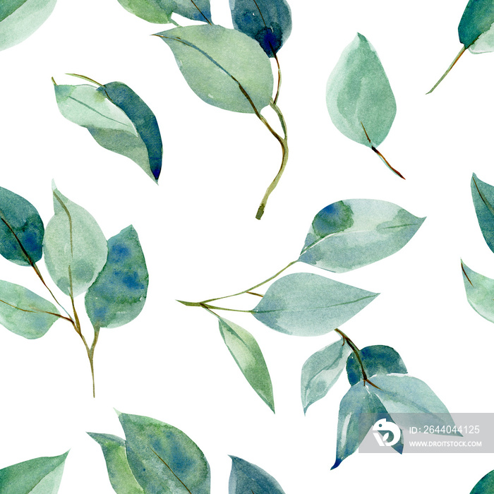 eucalyptus leaves, seamless pattern, watercolor tropical leaves on isolated white background, digita