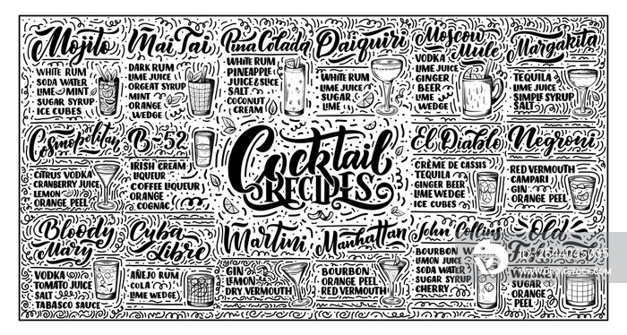 Lettering set of cocktails recipes. Template for card banner and poster for bar menu and restaurant