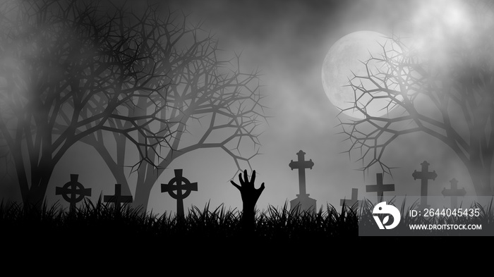 Halloween theme concept with zombie hand on graveyard