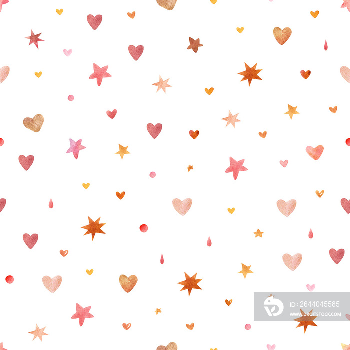 Watercolor modern boho beige stars and hearts seamless pattern. Hand painted nursery cute bohemian p