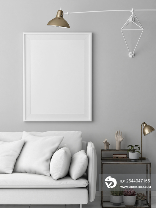 实体海报，带现代家具的时髦白色阁楼，三维渲染，三维插图
