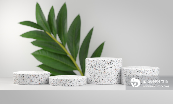 Modern Minimal White Terrazzo Podium Set Collection With Green Plant Blur Background 3d Render