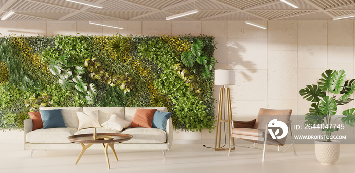 现代客厅内部，绿色墙壁，3d渲染