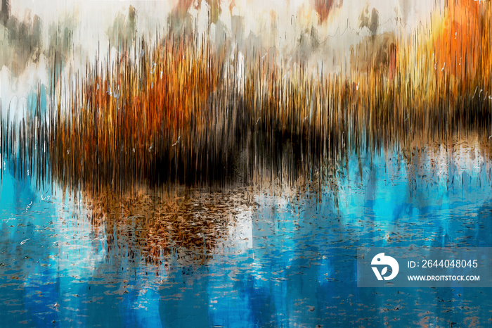 Abstract painting of yellow grasses in swamp, autumn color shades, digital illustration