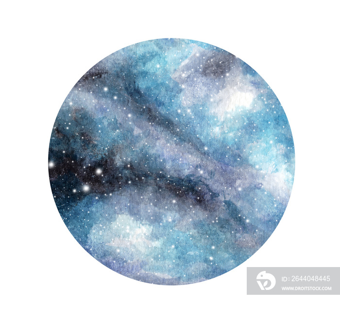 手绘风格化的垃圾星系或有星星的夜空。水彩空间背景。宇宙插图