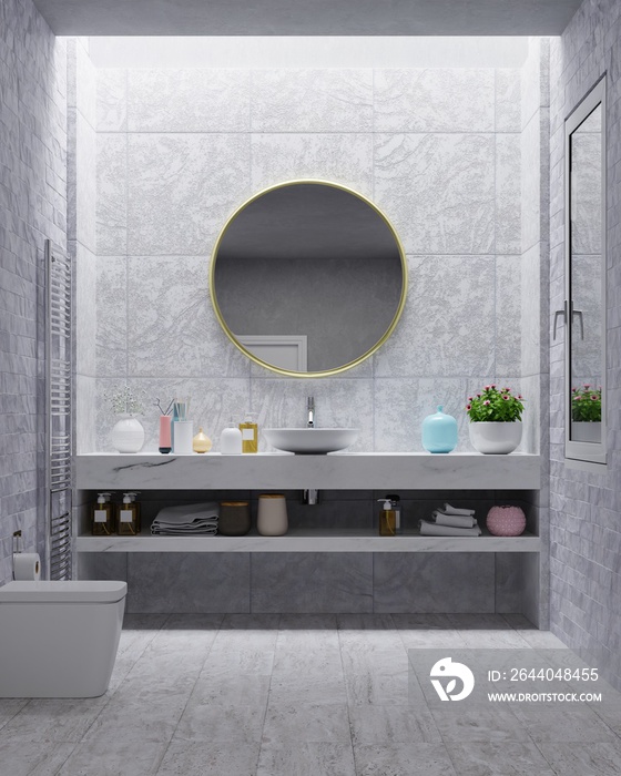 水泥墙上的现代浴室室内设计。
