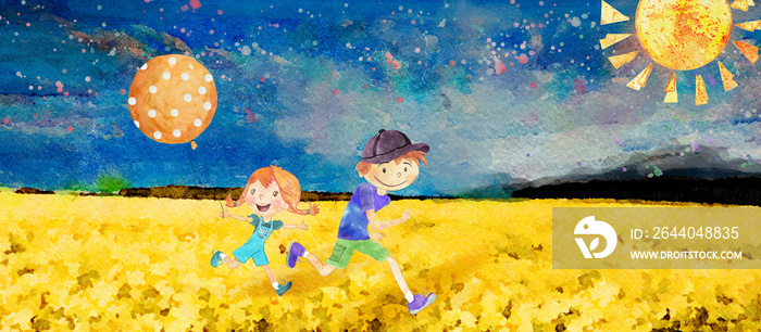 Happy children on the field. Watercolor for children