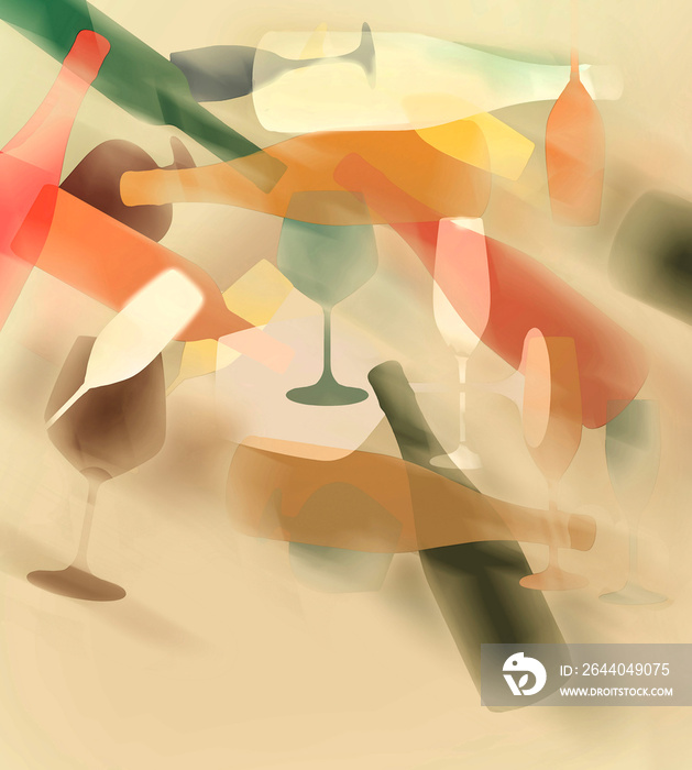 Glasses and wine bottles are seen in abstract motion and color in this illustration