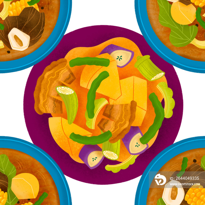 Filipino stews bulalo and pinakbet illustrated pattern