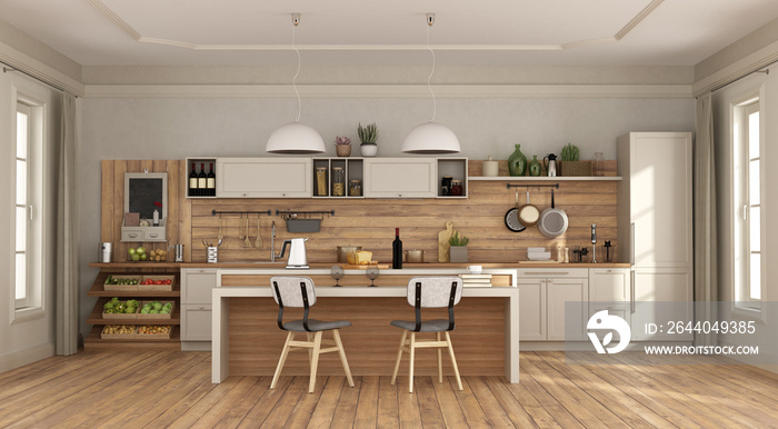 White and wooden kitchen with with island