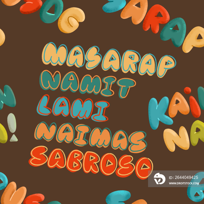 Illustrated lettering pattern in earth colors on brown background of Filipino words  Busog   Sarap  