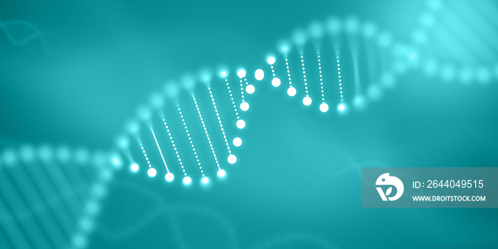 模糊的DNA蓝色背景。用于科学、生物学和基因遗传学的绿松石医学摘要模糊