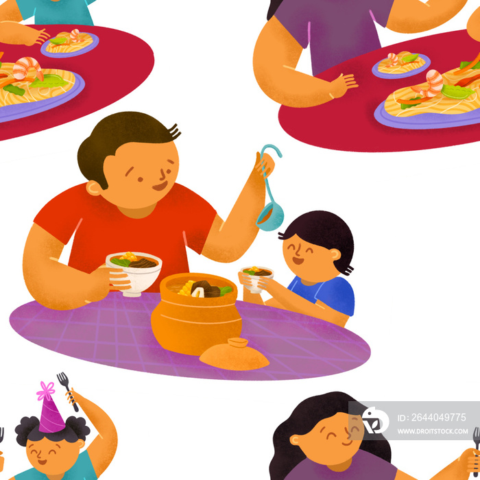 Filipino father with son share bulalo in palayok and mother with daughter share pansit bihon illustr