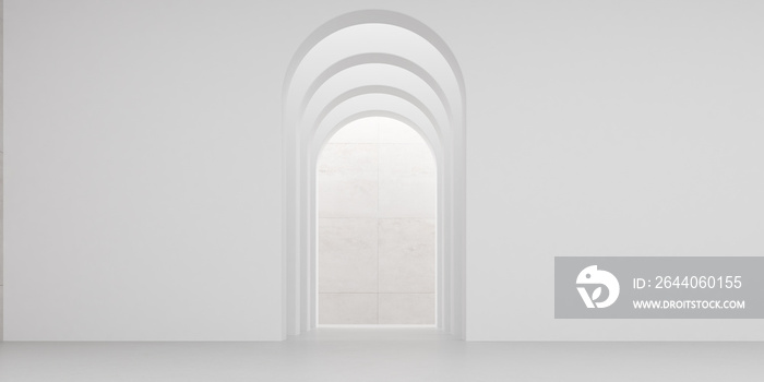 View of empty white room with arch design and concrete floor,Museum space, Chapel entrance, Perspect