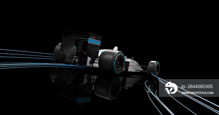 Generic White Racing Car On Black Background. Light Streaks Moving With Car. 3D Illustration Render