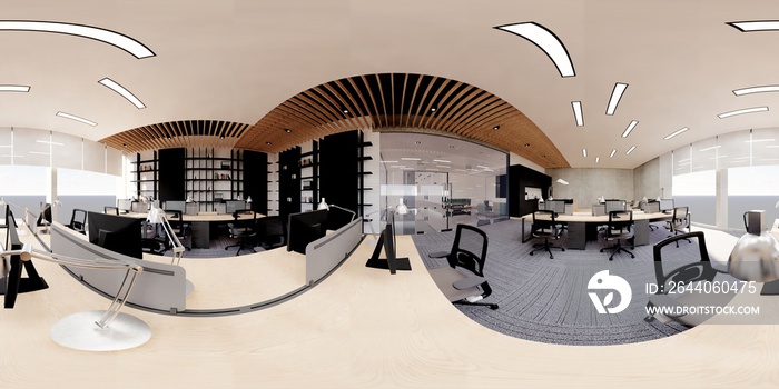 3d illustration spherical 360 vr degrees, a seamless panorama of the room and office. interior desig