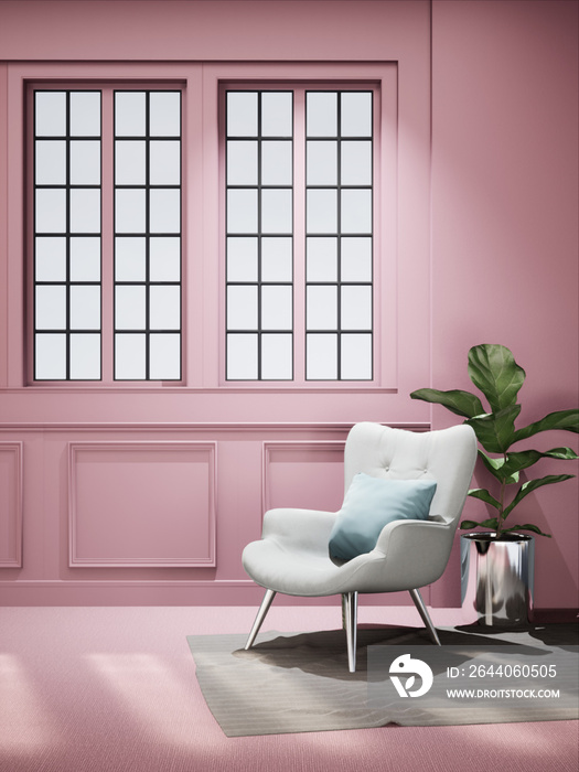 现代粉色客厅室内背景，带扶手椅和窗户。房间室内模型，复古