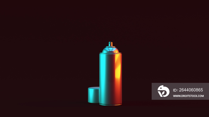 带有红橙色和蓝绿色Moody 80年代照明的银色喷雾罐3d插图3d渲染