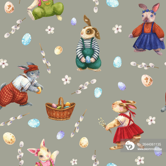 Watercolor bunny seamless pattern. Spring animal background. Rabbits in clothes