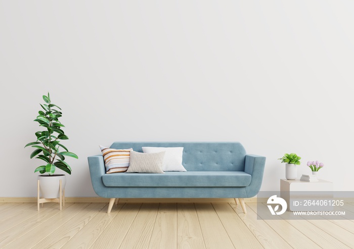 Modern living room interior with sofa and green plants,table on white wall background. 3d rendering