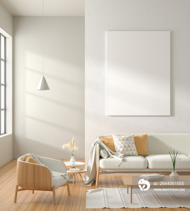 Mock up poster frame in Scandinavian style interior with wooden furnitures. Minimalist interior desi