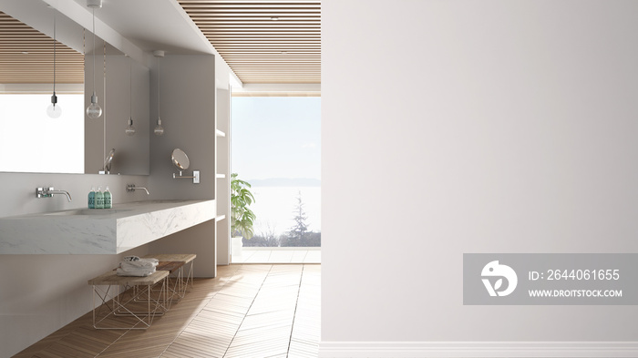 Minimal luxuty bathroom with big panoramic window on a foreground wall, interior design architecture