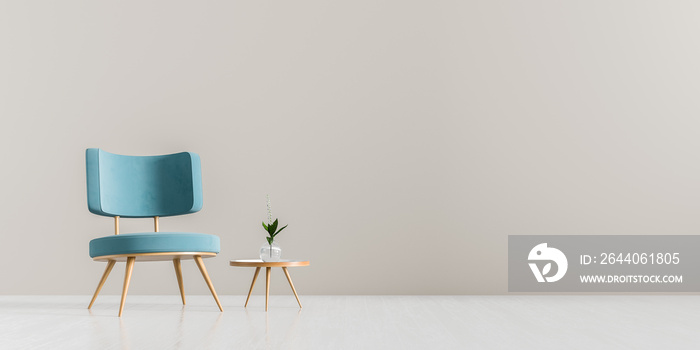 现代客厅，配有扶手椅和木制小咖啡桌。斯堪的纳维亚风格的家具设计。