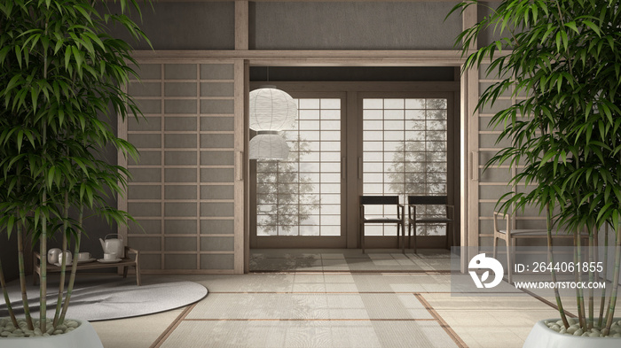 Zen interior with potted bamboo plant, natural interior design concept, empty room with futon, tatam