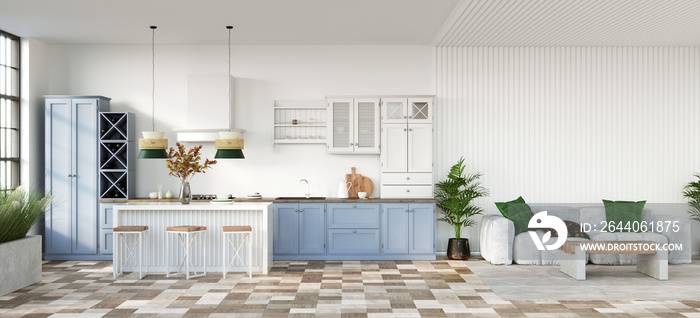 Classic open plan kitchen with wood furniture and white walls, 3d render