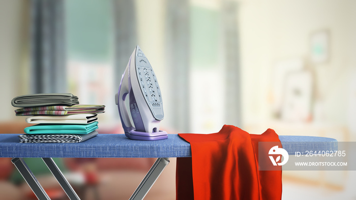 modern iron on the ironing board near the ironed things in the stack 3d render in room