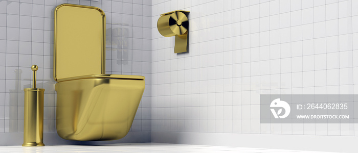 Gold toilet bowl and accessories on white tiled wall and floor background, banner. 3d illustration.