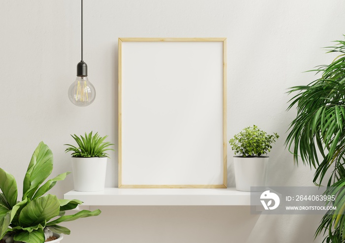 Interior poster mock up with vertical empty wooden frame,Scandinavian style.