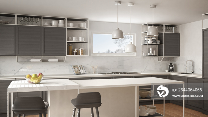 Modern white and gray kitchen with wooden details and parquet floor, modern pendant lamps, minimalis