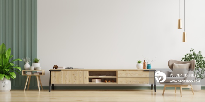 Cabinet TV in modern living room,Interior of a bright living room with armchair on empty white wall 