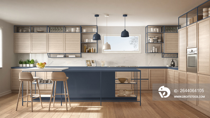 Modern white and blue kitchen with wooden details and parquet floor, modern pendant lamps, minimalis