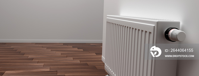 带恒温器的散热器，木地板，灰色墙壁背景。3d插图