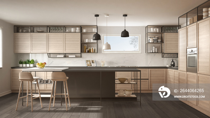 Modern white and gray kitchen with wooden details and parquet floor, modern pendant lamps, minimalis