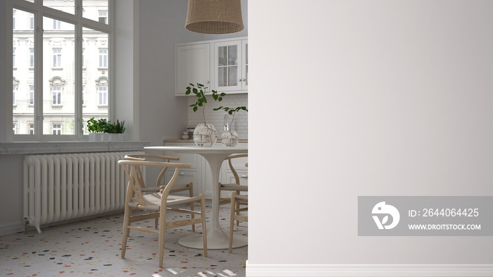 复古复古白色厨房，前台墙上有餐桌和椅子，室内设计archi