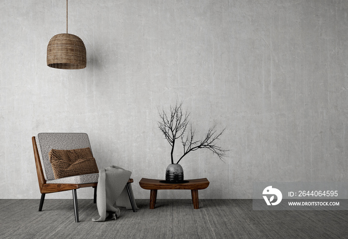 Wabi-sabi style interior mockup with chair,table,vase and floor lamp on grunge wall background.3d re