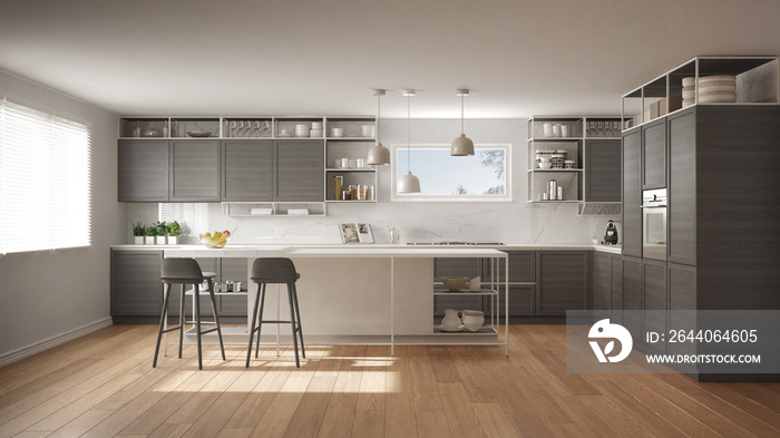 Modern white and gray kitchen with wooden details and parquet floor, modern pendant lamps, minimalis