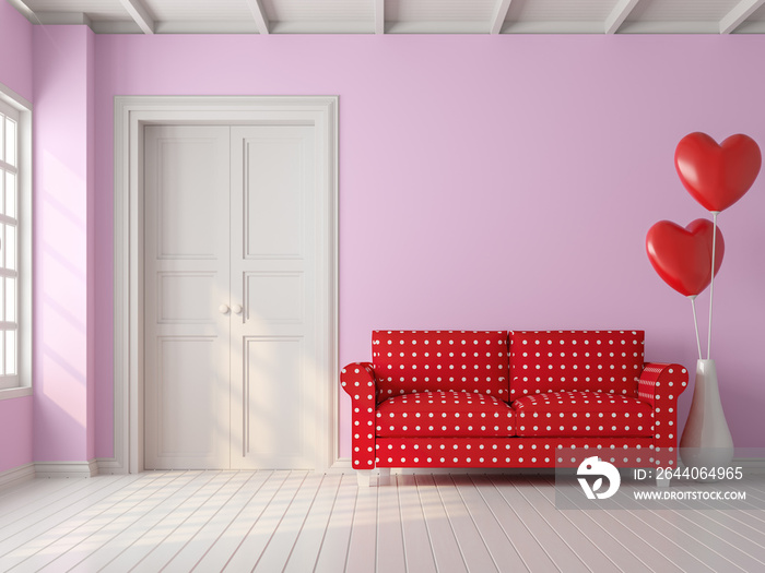 Valentine concept vintage living room 3d render.There are white wood floor ,pink empty wall, Furnish
